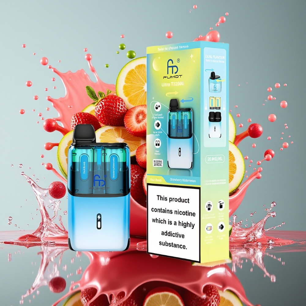 Fumot Ultra T32000 Norge Engros – Fruktbombe & Jordbær-Vannmelon – 32000 Puff, 800mAh, Type-C Lading, 24ml E-Væske, 20mg Nikotin, Mesh Coil