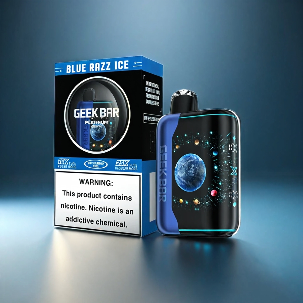 GEEK BAR Pulse X Platinum Edition Norge Engros – 25000 Puff, 20mL E-Likvid, Blå Bringebær Is, Matte Platinum Finish, USB-C-lading, Dual Mesh Coil, 2% Nikotin