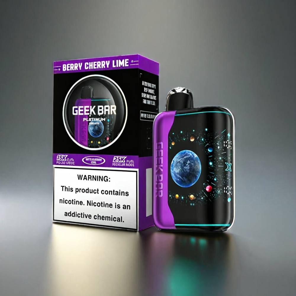 GEEK BAR Pulse X Platinum Edition Norge Engros 25000 Puff med Bær Kirskål Lime, 20mL E-Liquid, 2% Nikotin, Matte Platinum Finish, USB-C Ladning