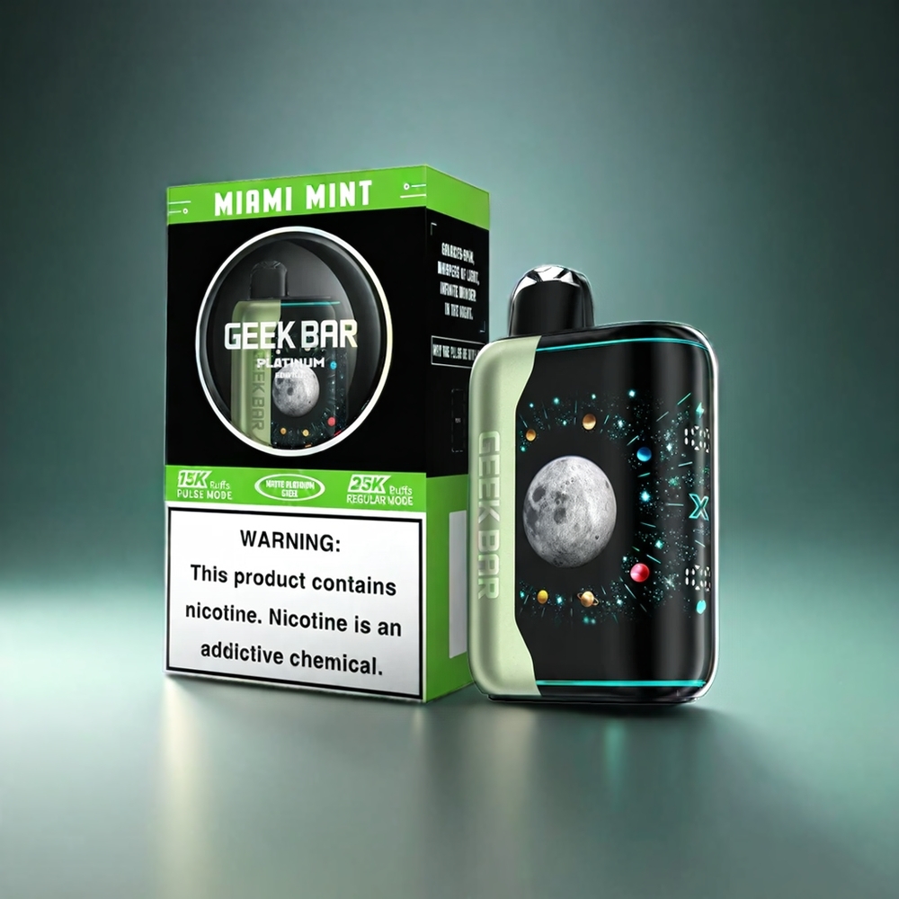 GEEK BAR Pulse X Platinum Edition Norge engros – Opptil 25000 puff i Normal Modus, Opptil 15000 puff i Puls Modus Dynamisk 3D-buet skjerm, Miamimynte