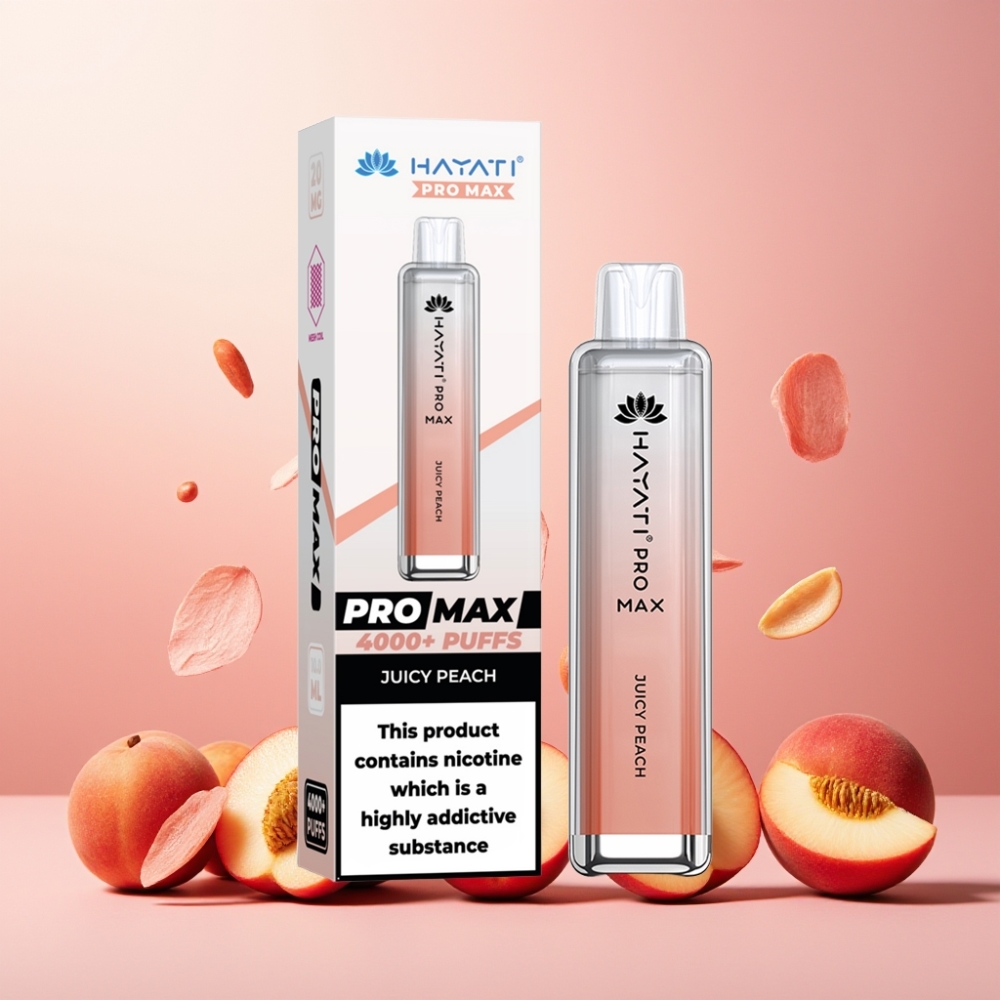 Hayati Pro Max 4000 Puffs Engangs Vape Juicy Peach (Saftig Fersken) Norge Engros – 1400mAh Batteri, 2%/5% Nikotin, 4000 Trekk, TPD-Kompatibel