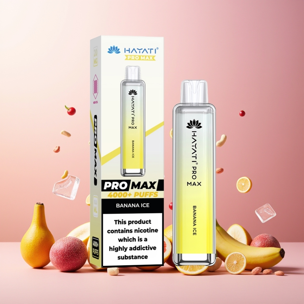 Hayati Pro Max 4000 Puffs Norge Engros Vape til engangsbruk Banan Is 2%/5% Nikotin, 1400mAh Batteri, 1.1 Ohm Mesh Coil, LED Lys, TPD-Sertifisert