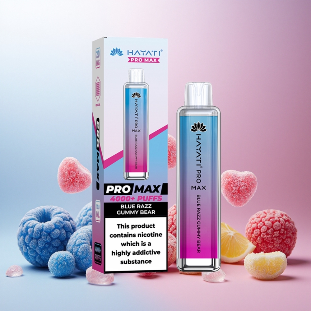 Hayati Pro Max 4000 Puffs Norge Engros Vape til engangsbruk Blå Bringebær Gummibjørn – 1400mAh Oppladbar Batteri, 2%/5% Nikotin, 4000 Trekk, TPD-Compliant