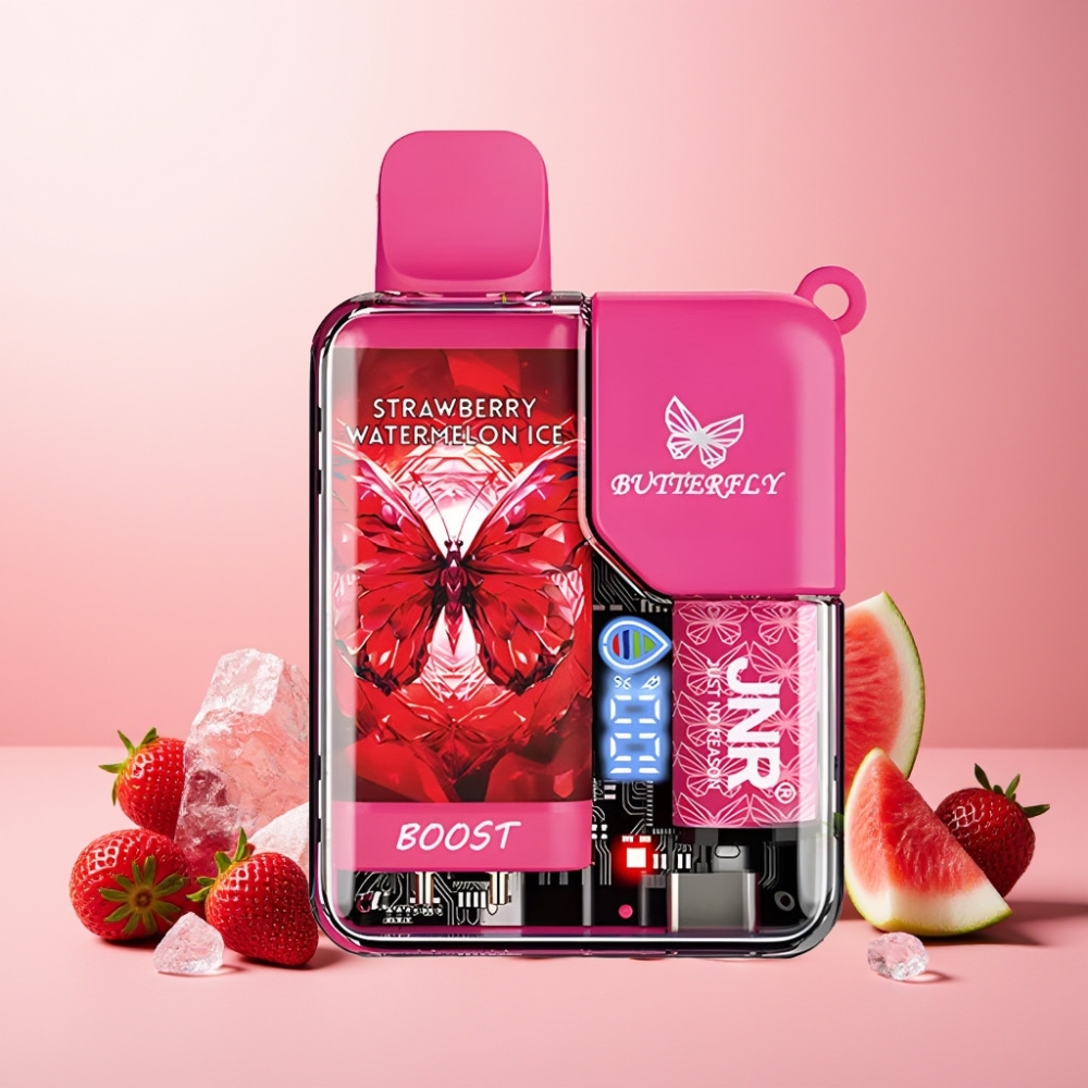 JNR Butterfly 8500 Puffs Norge Engros – Jordbær Vannmelon Is – 15ml e-Liqvid, 1200mAh, Digital Display, 1.0ohm Mesh Coil