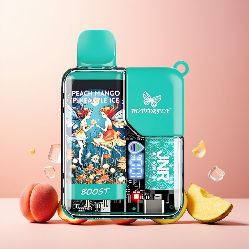 JNR Butterfly 8500 Puffs Norge Engros Vape til engangsbruk – Fersken Mango Ananas Is – 15ml e-Liquid, 1200mAh, Digital Display