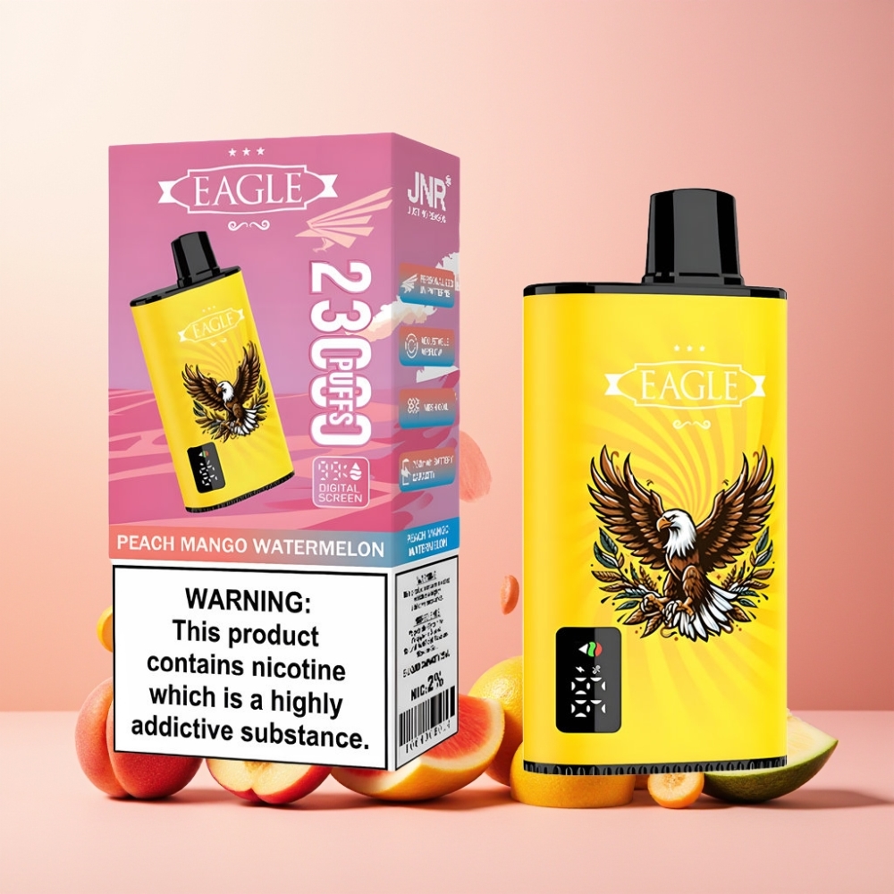 JNR EAGLE Smart Norge Engros 23000 Puffs Vape til engangsbruk med Digital Skjerm, Justerbar Luftstrøm & Type-C Lading – Fersken Mango Vannmelon