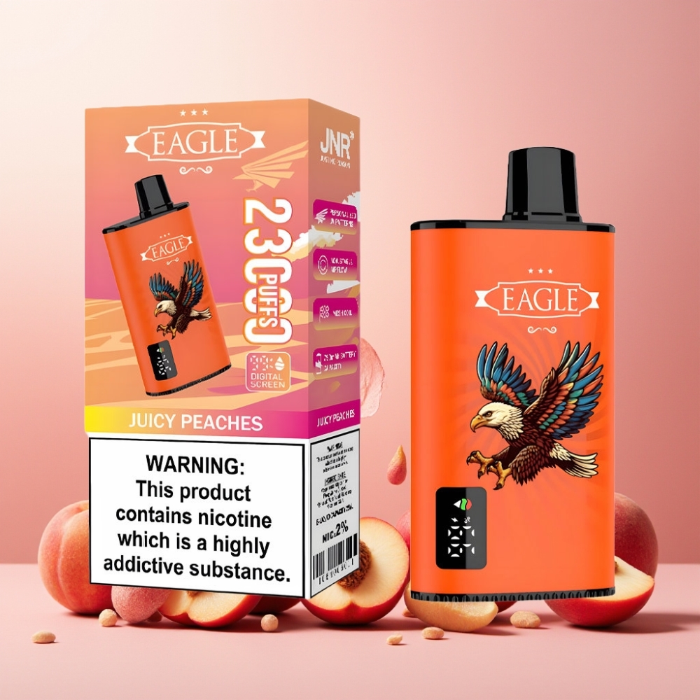 JNR EAGLE Smart Norge Engros Vape til engangsbruk 23000 Puffs Juicy Peaches med Digital Skjerm, 1.0ohm Mesh Coil & Justerbar Luftstrøm