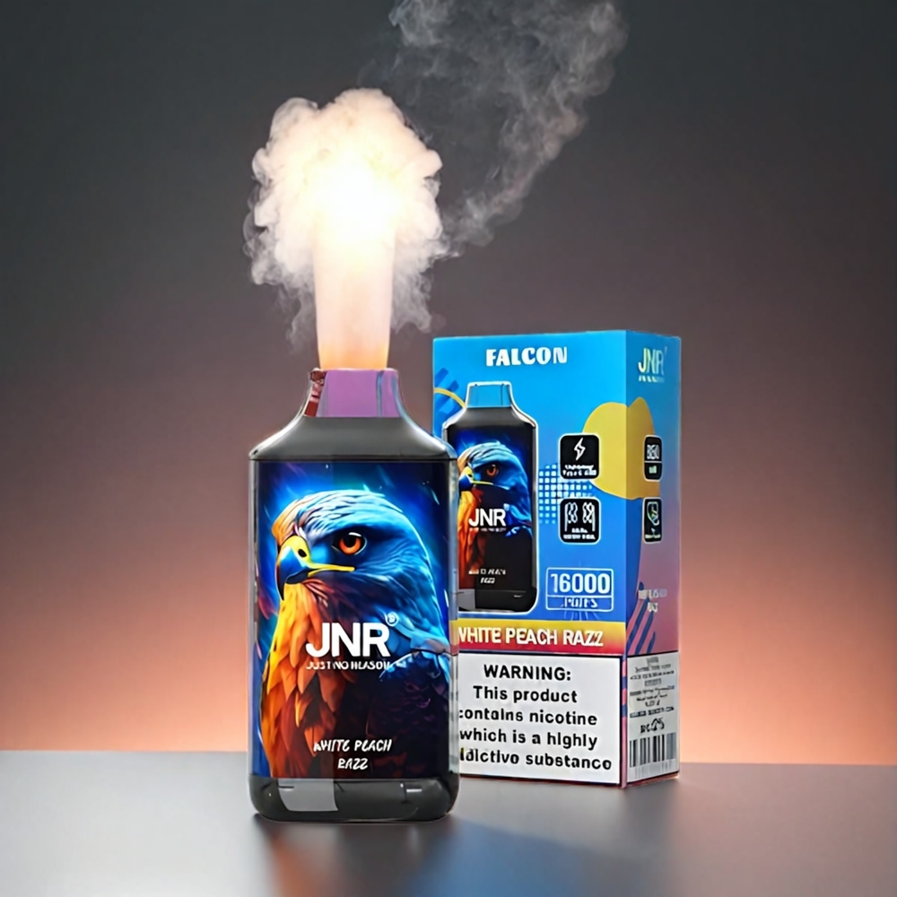 JNR Falcon Norge Engros 16000 Puffs – Hvit Fersken Razz – 22ml E-væske, 850 mAh, Dual Mesh Coil, Type C & Lightning