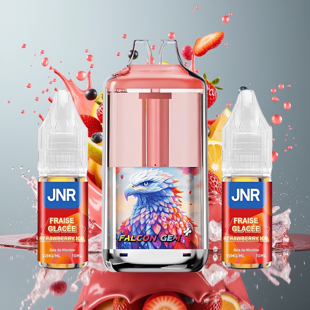 JNR Falcon GEM⁺ Norge Engros 30000 Puffs Refyllbar Pod Vape med Synlig E-væsketank, Toppfyll Design, 950mAh Batteri, Type-C Lading og Jordbæris