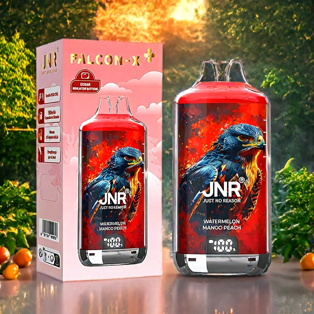 JNR Falcon X⁺ 28000 Norge Engros – 28000 Puffs, Synlig E-Væskenivå, Toppfyllingsdesign, 1.2Ω Dual Mesh Coil, Vannmelon Mango Fersken, 2 10ml E-Væske Inkludert