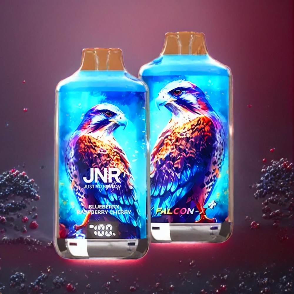 JNR Falcon X⁺ 28000 Norge Engros – 28000 Puffs, Synlig E-væske, Toppfyll Design, Blåbær Bringebær Kirsebær, 2 10ml E-væske, 950mAh Batteri, Type-C Lading