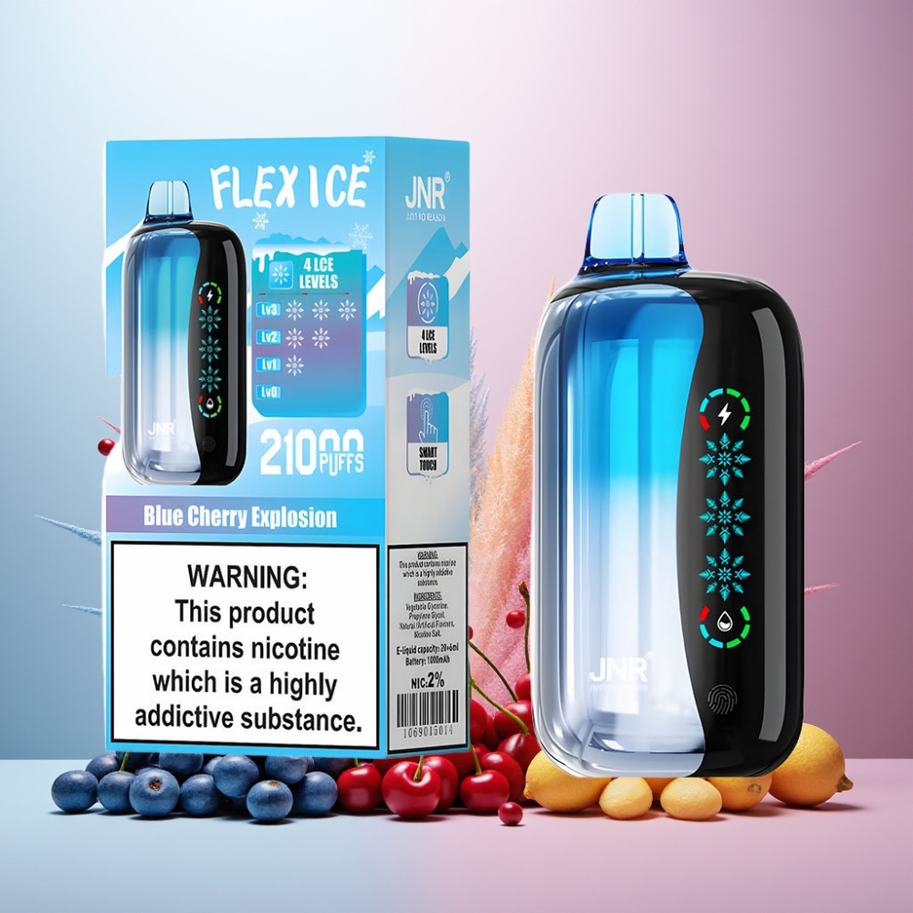 JNR Flex Ice Norge Engros 21000 Puffs Vape til engangsbruk Blå Kirsebær Eksplosjon – Justerbar Ice, 26ml E-liquid, Tilpassbar Luftstrøm, 1000mAh Batteri, Type-C Lading