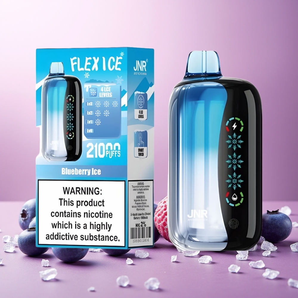 JNR Flex Ice Norge Engros 21000 Puffs Vape til engangsbruk Blåbær Is med Justerbar Is, 26ml E-væske, Tilpassbar Luftstrøm, 1.2 Ohm Dual Mesh, 1000mAh Batteri, Type-C Lading