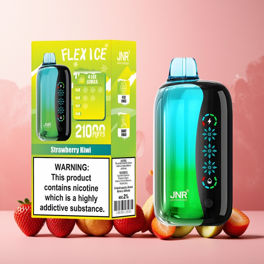 JNR Flex Ice Norge Engros 21000 Puffs Vape til engangsbruk Jordbær Kiwi med Justerbar Ice, 26ml E-væske, Tilpassbar Luftstrøm, Touch Skjerm