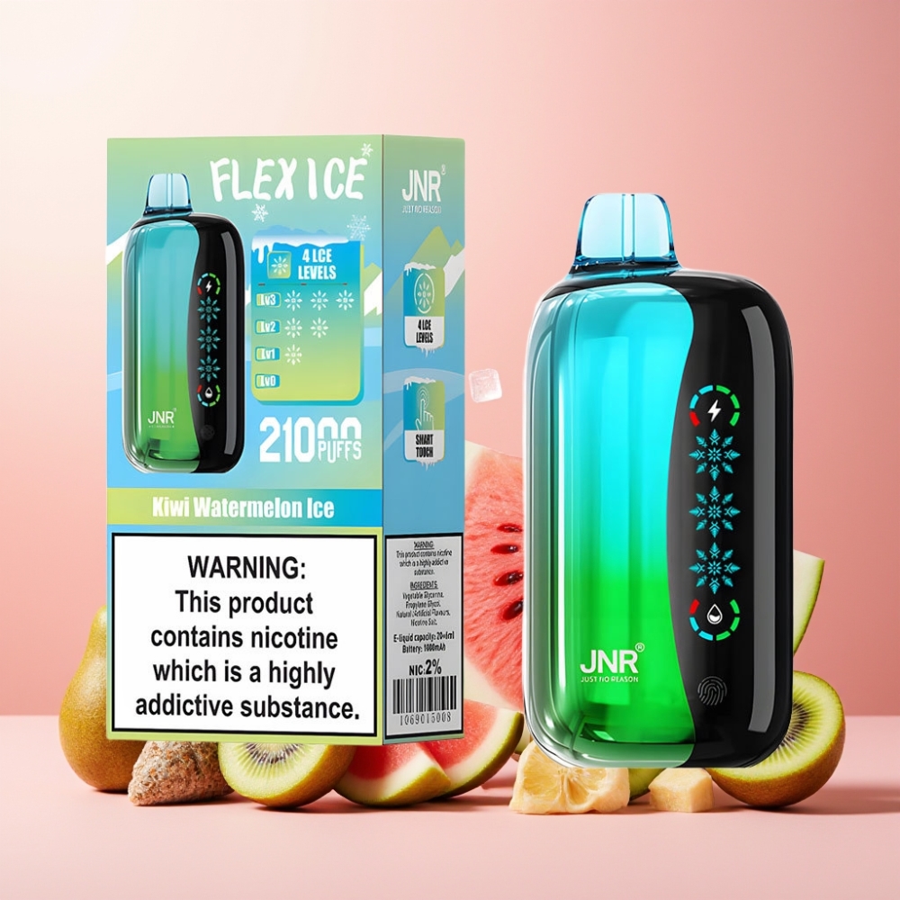 JNR Flex Ice Norge Engros 21000 Puffs Vape til engangsbruk Kiwi Vannmelon Is Justerbar Is, 26ml E-liquid, Tilpassbar Luftstrøm, Touch Skjerm, 1.2 Ohm Dual Mesh