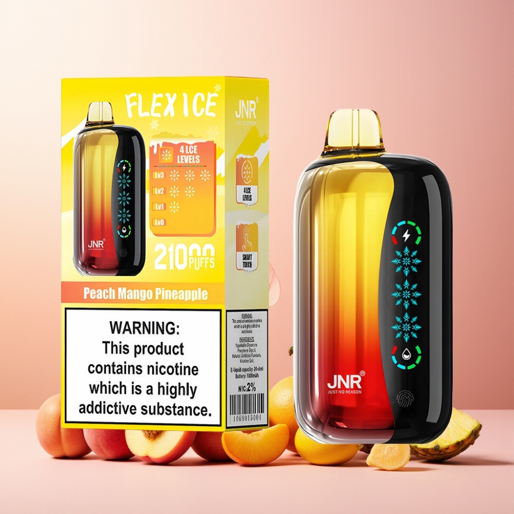 JNR Flex Ice Norge Engros 21000 Puffs Vape til engangsbruk Peach Mango Ananas med Justerbar Ice, 26ml E-væske, Tilpassbar Luftstrøm og Type-C Lading