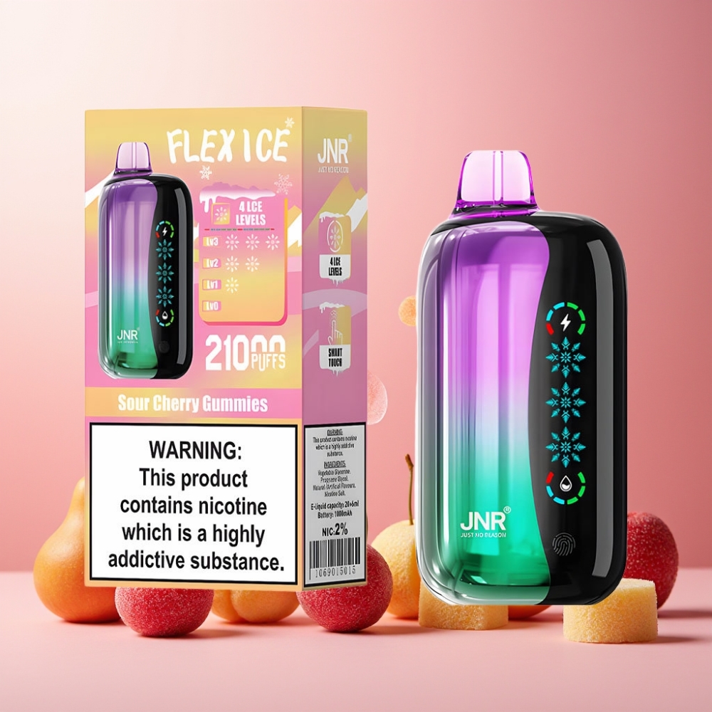 JNR Flex Ice Norge Engros 21000 Puffs Vape til engangsbruk Sur Kirsebær Gelé med Justerbar Ice, 26ml E-væske, 1000mAh Batteri, Type-C Lading