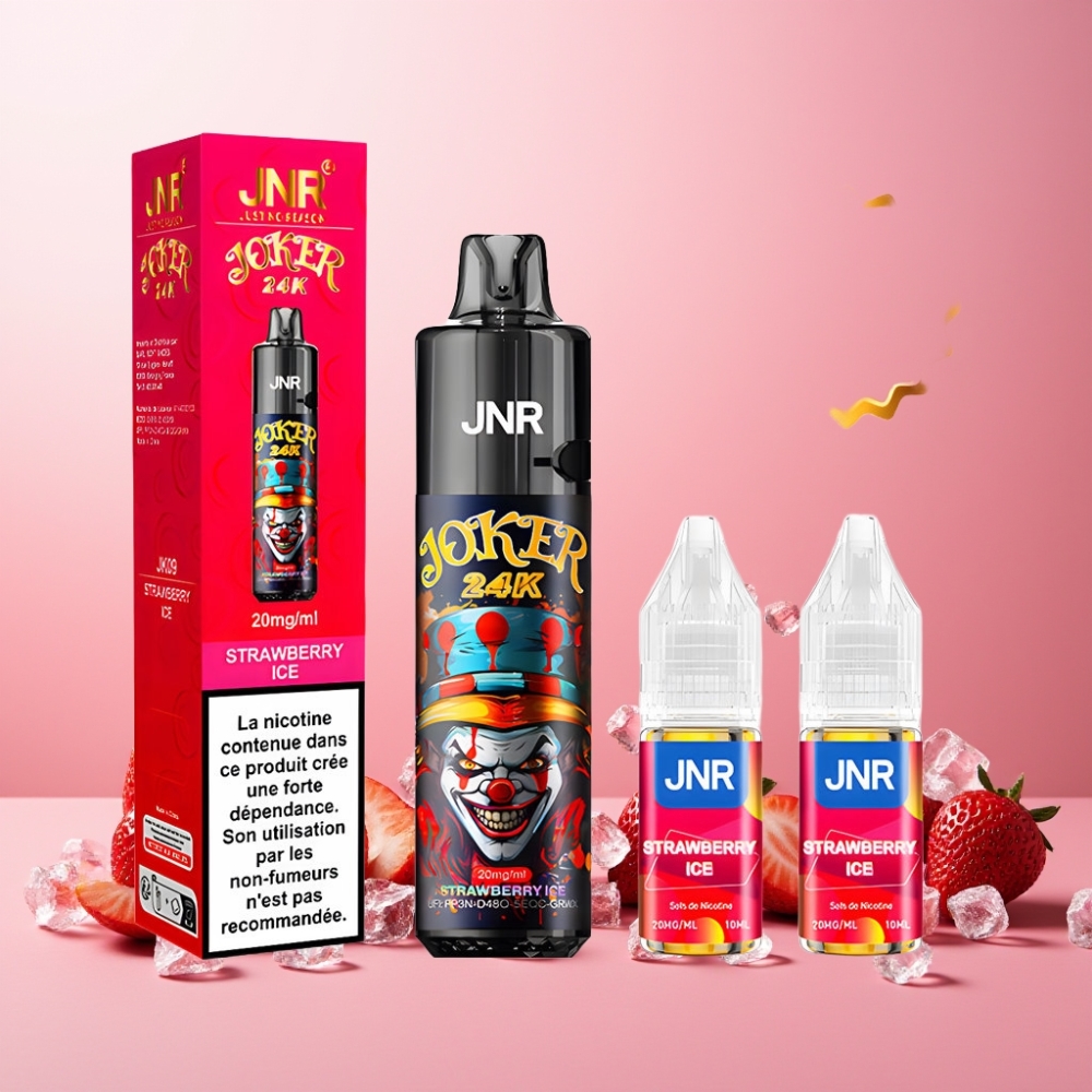 JNR Joker 24K Puffs Norge Engros Vape til engangsbruk Jordbær Is – 2+10ml Refillable, 800mAh, Type-C, Synlig E-væske