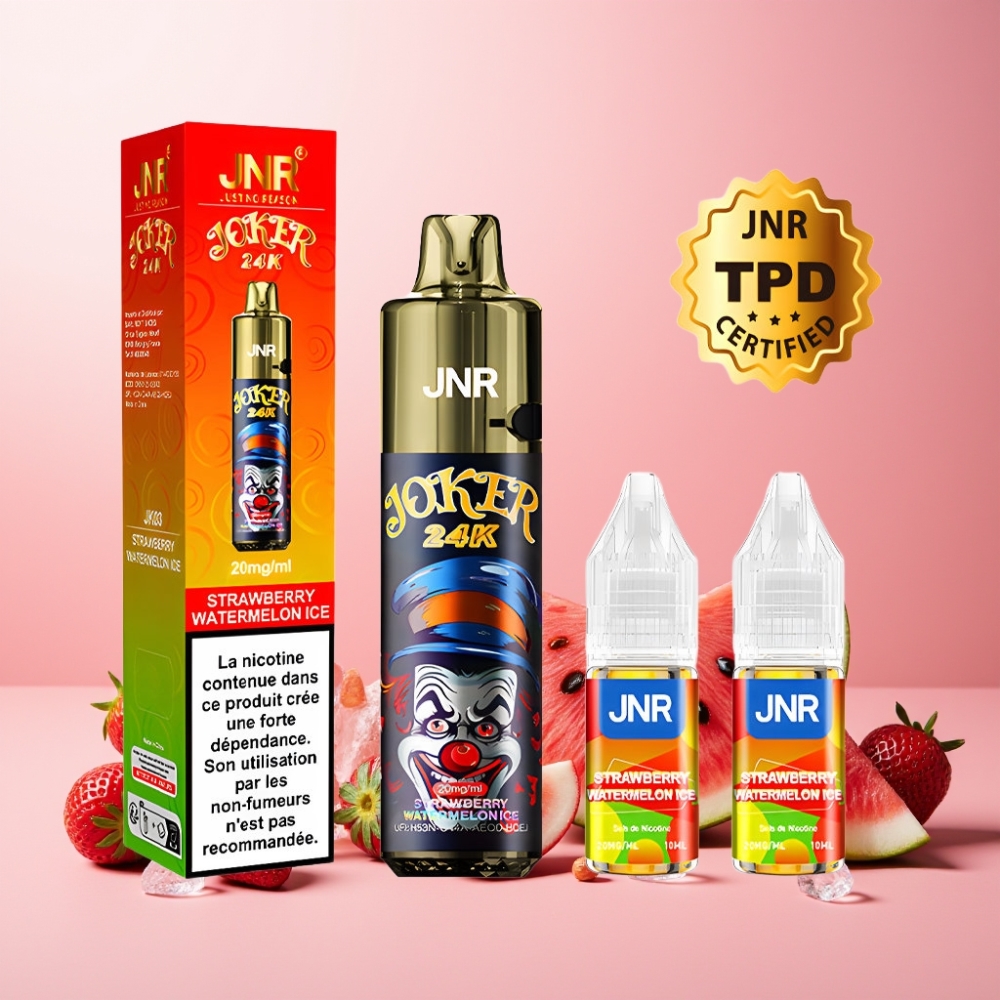 JNR Joker 24K Puffs Norge Engros Vape til engangsbruk Jordbær Vannmelon Is med 800mAh Batteri, 2+10ml Påfyllbar Pod, Synlig E-væske Nivå, Type-C Lading