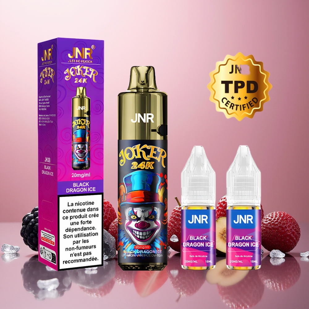 JNR Joker 24K Puffs Norge Engros Vape til engangsbruk Svart Drage Is – 10ml Refillable, 800mAh, Type-C, 24000 Puffs, 2% Nikotin