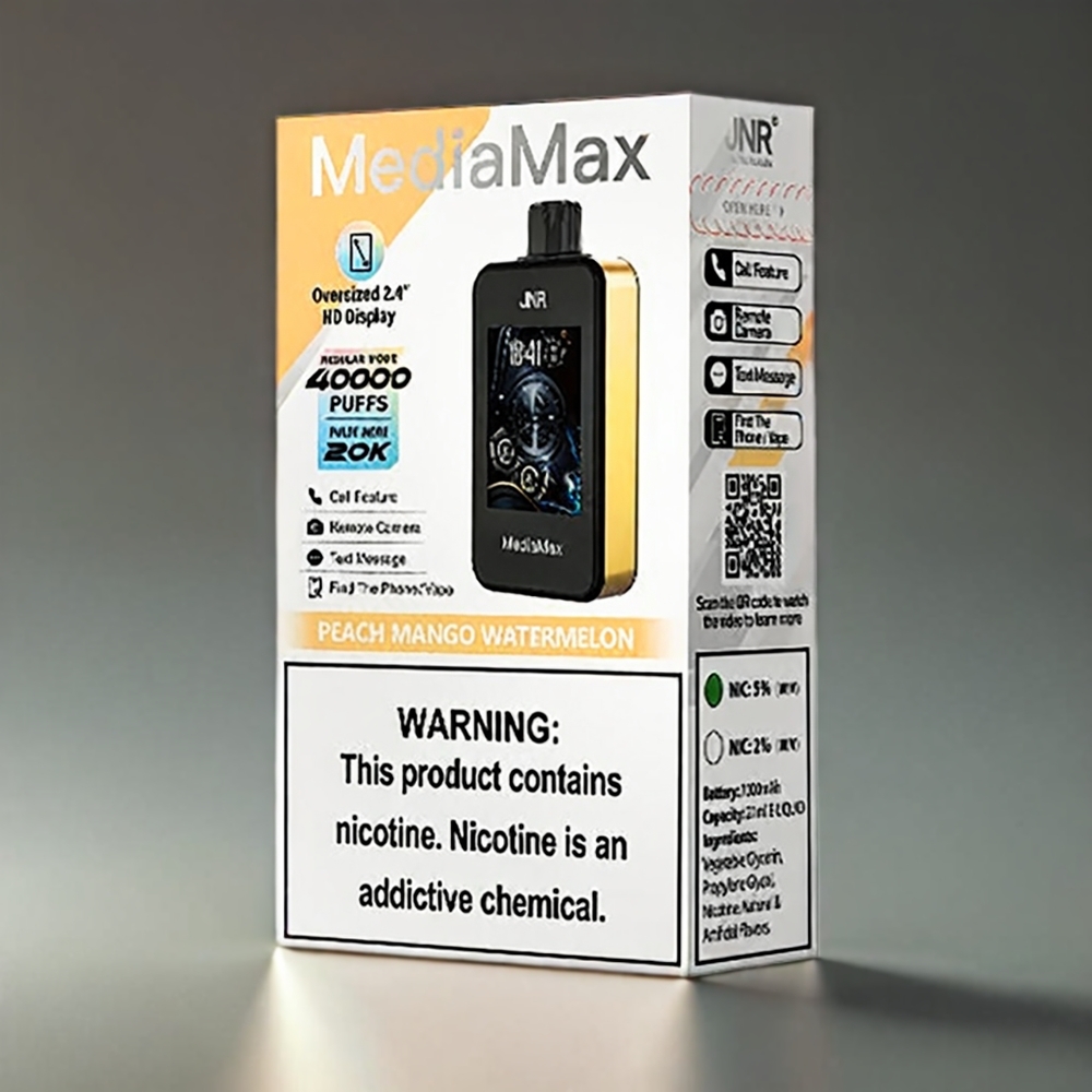 JNR MediaMax 40000 Puffs Norge Engros – 1000mAh Batteri, 21mL E-væske, 5% Nikotin, Type-C-lading – Fersken, Mango, Vannmelon