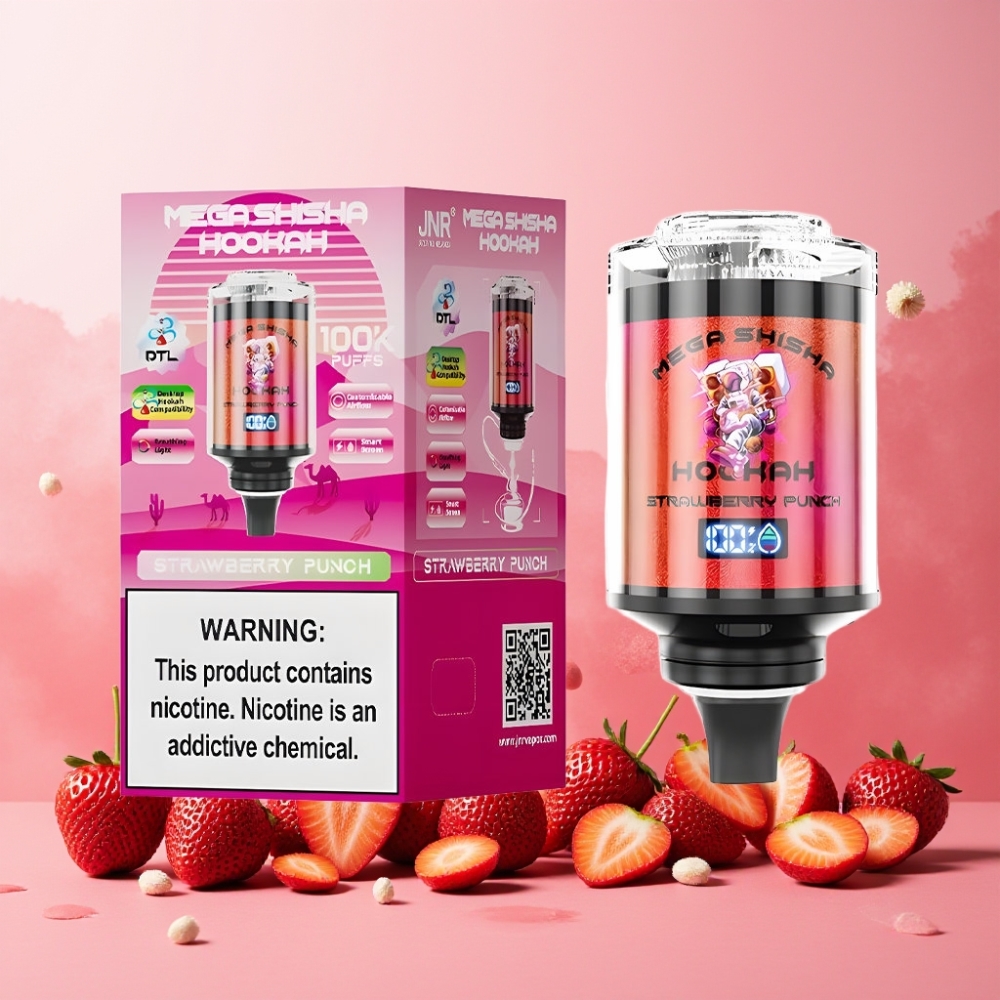JNR Mega Shisha Hookah Norge Engros 100K Puffs 60ml Type-C Ladning Justerbar Luftstrøm Jordbærsmak