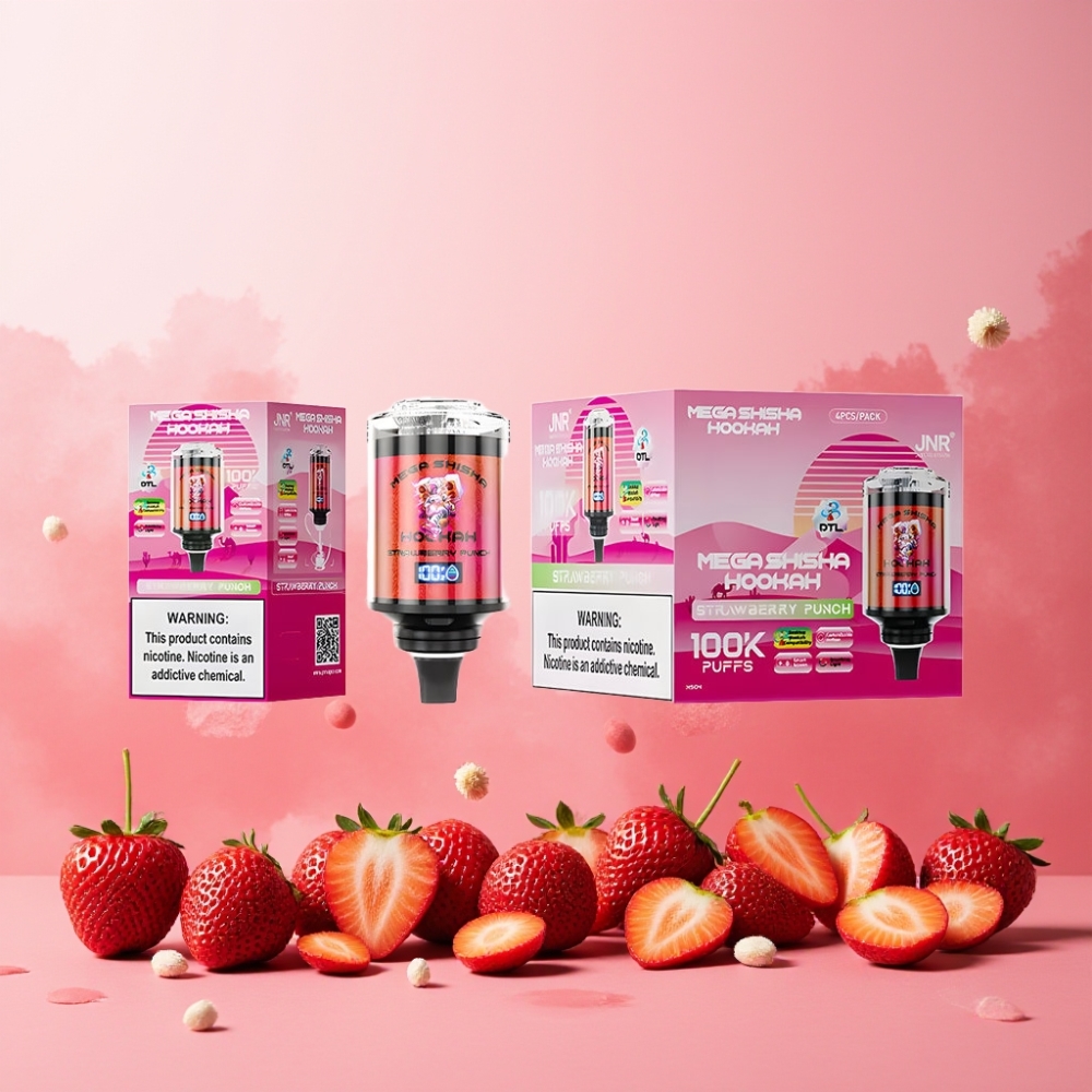 JNR Mega Shisha Hookah Norge Engros 100K Puffs 60ml Type-C Ladning Justerbar Luftstrøm Jordbærsmak