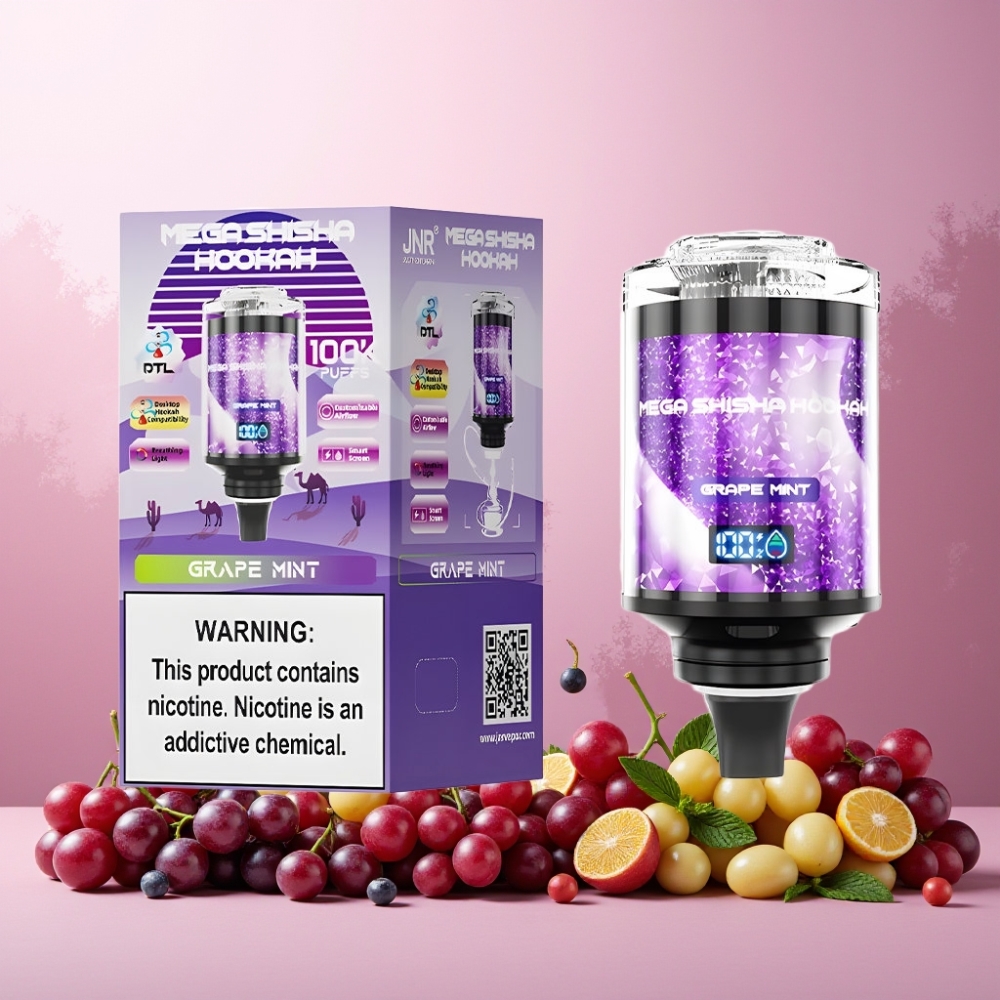 JNR Mega Shisha Hookah Norge Engros med 100K Puffs, 60ml Kapasitet, Type-C Lading og Justerbar Luftstrøm – Drue Mynte