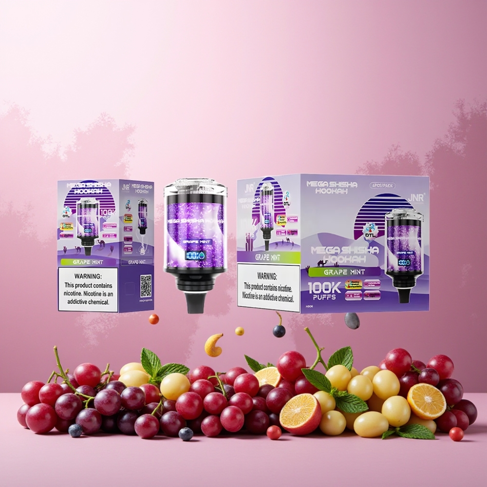 JNR Mega Shisha Hookah Norge Engros med 100K Puffs, 60ml Kapasitet, Type-C Lading og Justerbar Luftstrøm – Drue Mynte