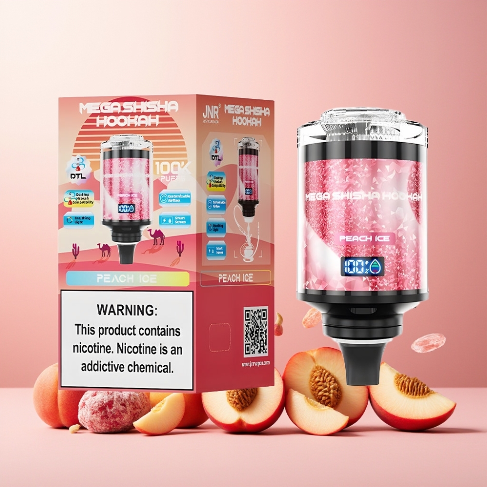 JNR Mega Shisha Hookah Norge engros – 100 000 puffs, 60ml e-Liquid Kapasitet, 2200mAh Batteri, Type-C lading – Peach Is