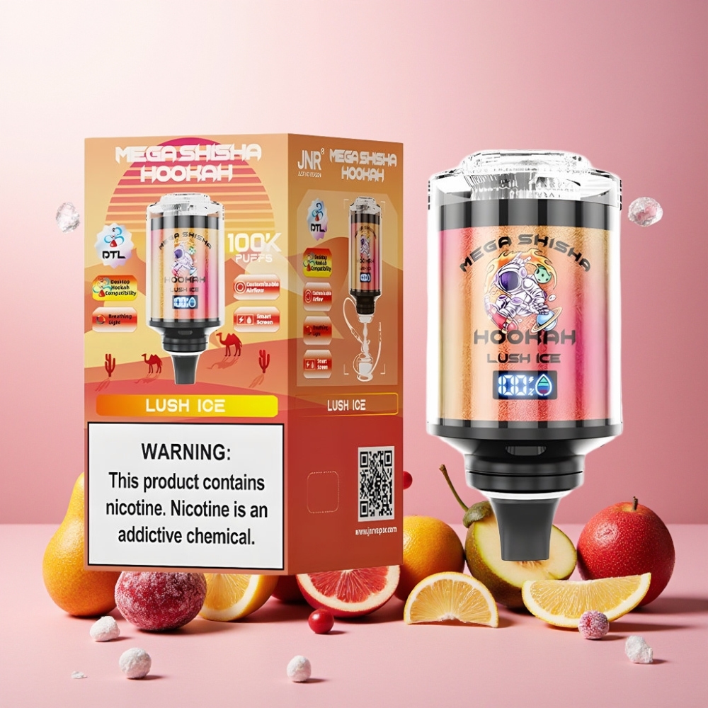 JNR Mega Shisha Hookah Norge engros med 100 000 puffs, 60ml e-Liquid Kapasitet, 2200mAh batteri og Justerbar Luftstrøm – Lush Ice (Frisk Is)