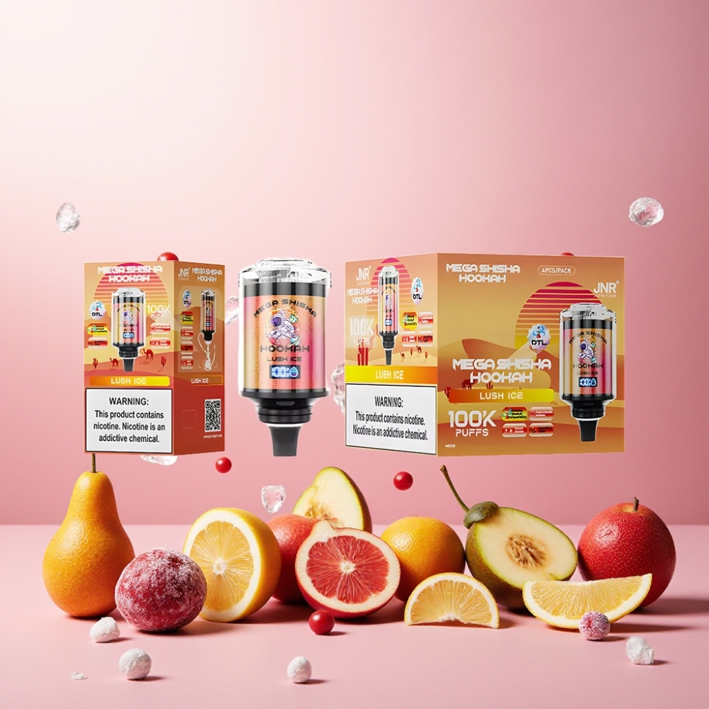 JNR Mega Shisha Hookah Norge engros med 100 000 puffs, 60ml e-Liquid Kapasitet, 2200mAh batteri og Justerbar Luftstrøm – Lush Ice (Frisk Is)