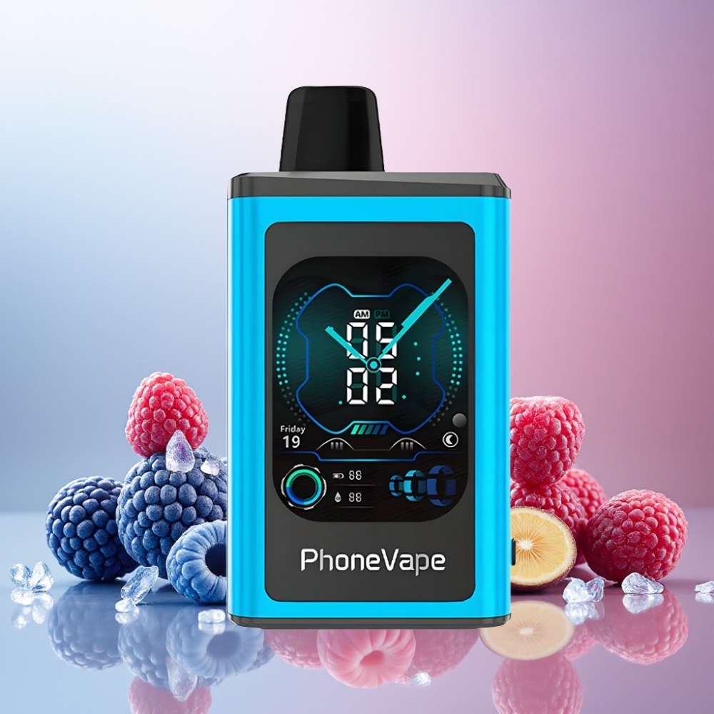 JNR PhoneVape 30000 puffs Norge engros Vape til engangsbruk Blå Bringebær Is med 850mAh Type-C Oppladbar Batteri, Turbo Mode, Justerbar Luftstrøm, App Kontrollert