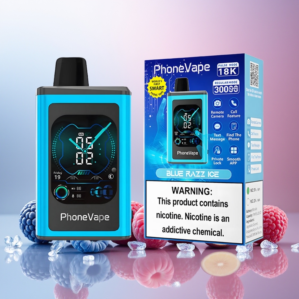 JNR PhoneVape 30000 puffs Norge engros Vape til engangsbruk Blå Bringebær Is med 850mAh Type-C Oppladbar Batteri, Turbo Mode, Justerbar Luftstrøm, App Kontrollert