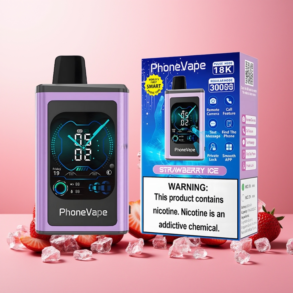 JNR PhoneVape 30000 puffs Norge engros Vape til engangsbruk Jordbær Is med 850mAh Type-C-ladbar batteri, Turbo Mode, Justerbar luftstrøm og App-kontroll