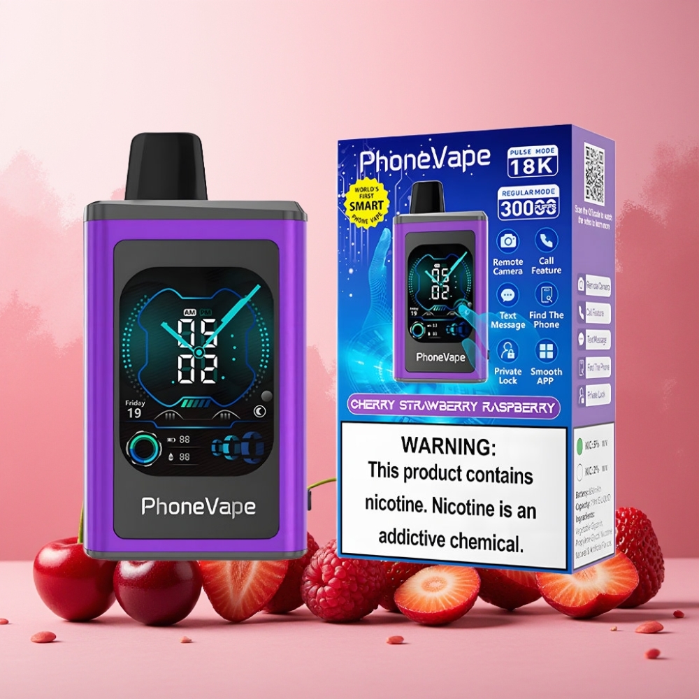 JNR PhoneVape 30000 puffs Norge engros Vape til engangsbruk Kirsebær Jordbær Bringebær med 850mAh Type-C-ladbar batteri, Justerbar luftstrøm og App-kontroll