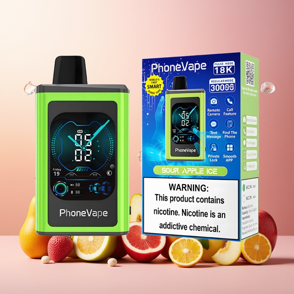 JNR PhoneVape 30000 puffs Norge engros Vape til engangsbruk Sur Eple Is med 850mAh Type-C ladbar batteri, Turbo Mode & Justerbar luftstrøm