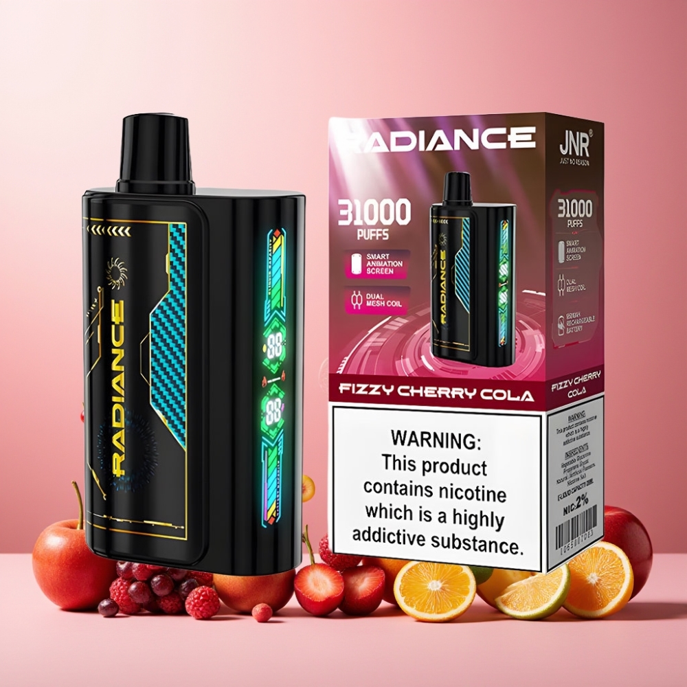JNR Radiance Norge Engros 31000 Puffs 28ml E-liquid Smart Animation Screen Dual Mesh Coil Fizzy Cherry Cola Vape til engangsbruk