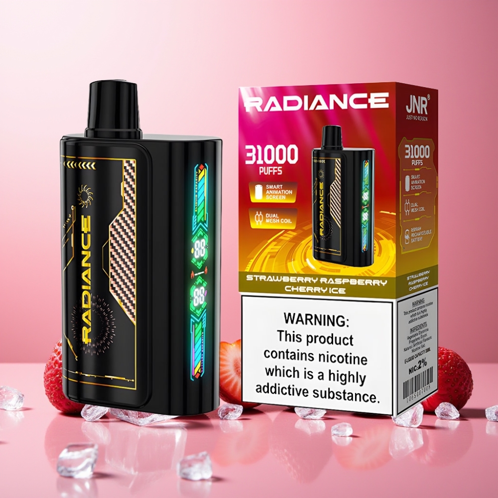 JNR Radiance Norge Engros 31000 Puffs 28ml E-liquid Smart Animation Screen Dual Mesh Coil Type-C Vape til engangsbruk Jordbær Bringebær Kirsebær Is