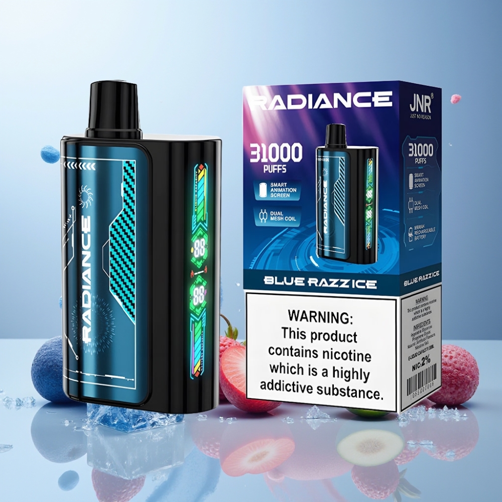 JNR Radiance Norge Engros 31000 Puffs Blå Bringebær Is Vape til engangsbruk med 28ml E-væske, Smart Animation Skjerm og 950 mAh Batteri