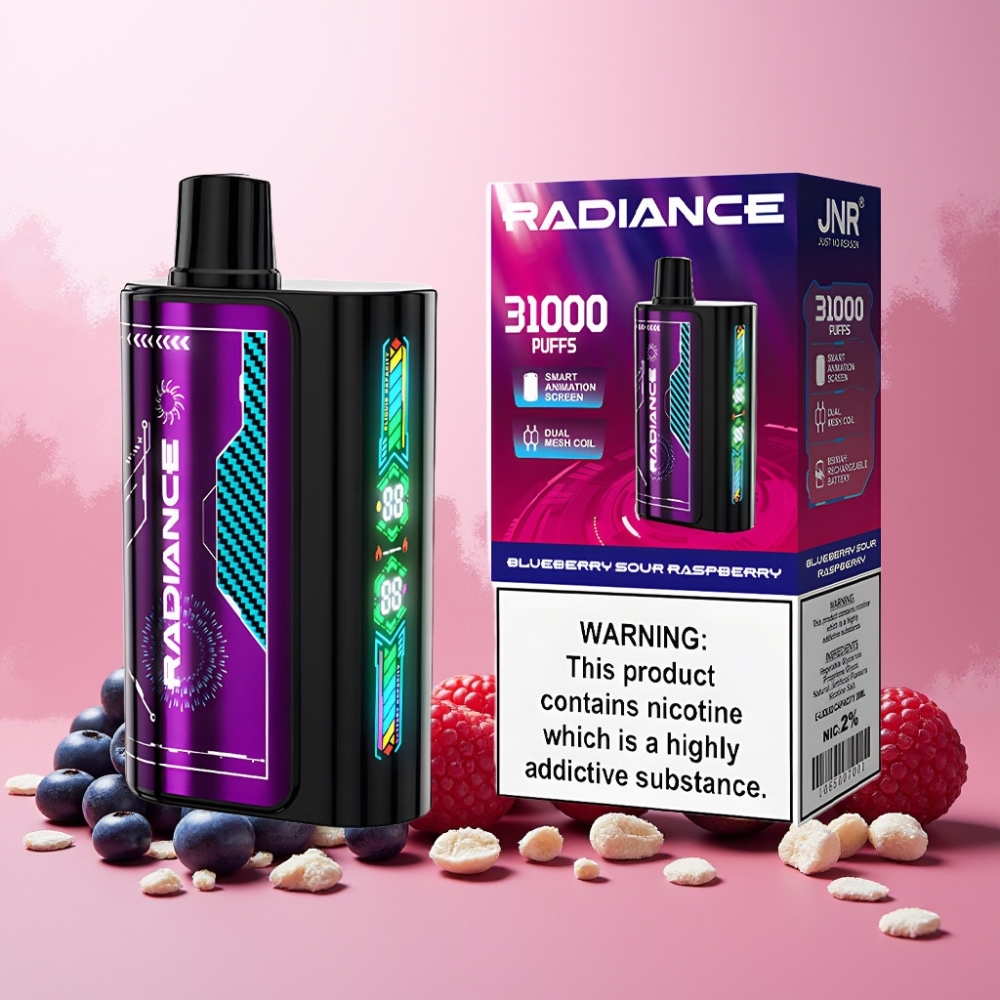 JNR Radiance Norge Engros 31000 Puffs Opplagbar Vape Blåbær & Sur Bringebær med 28ml E-væske, Dual Mesh Coil og Type-C Lading