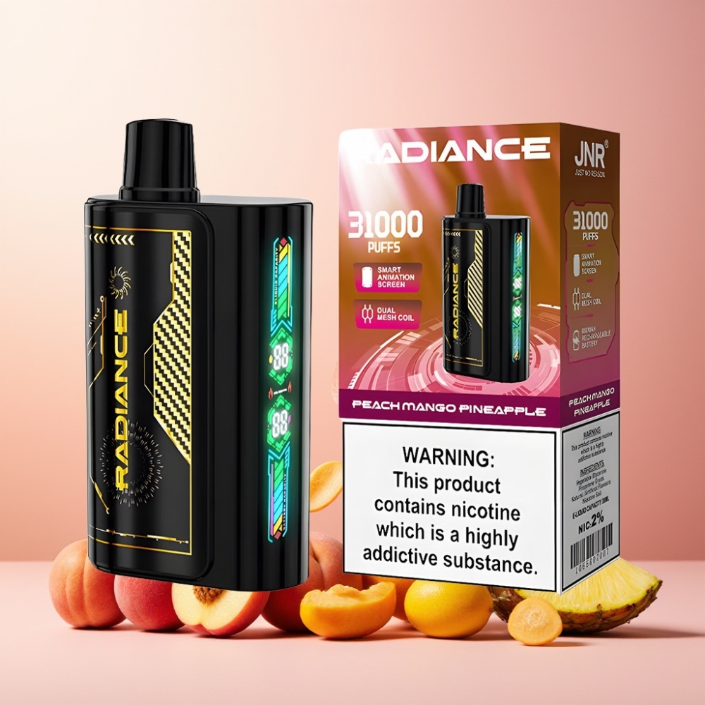 JNR Radiance Norge Engros 31000 Puffs Vape til engangsbruk Fersken Mango Ananas – 28ml E-liquid, Dual Mesh Coil, 950 mAh Batteri, Type-C Lading