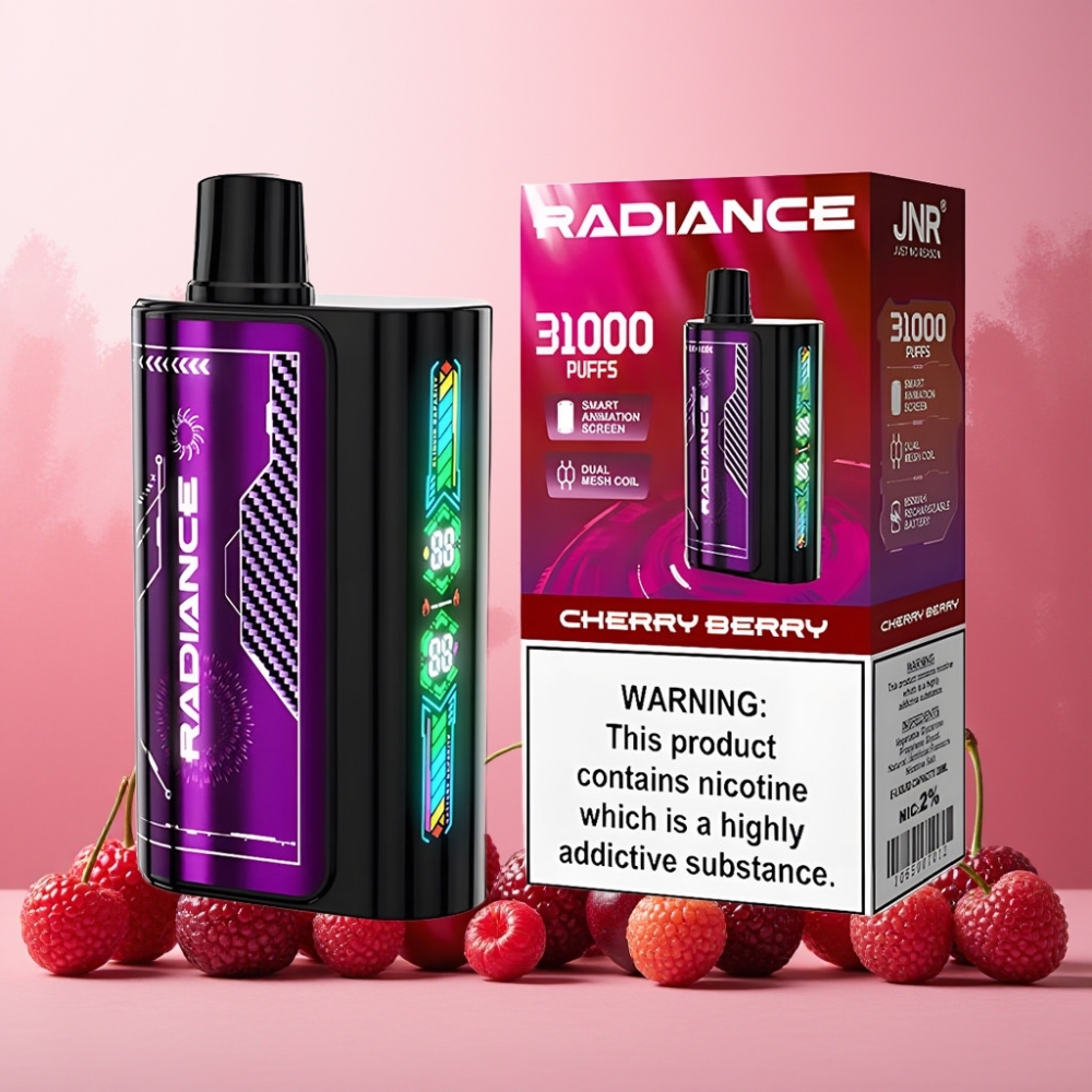 JNR Radiance Norge Engros 31000 Puffs Vape til engangsbruk Kirsebær & Bær med Smart Animation Skjerm, 28ml E-væske, 950 mAh Batteri