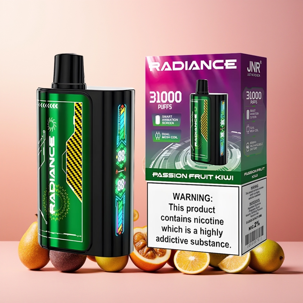 JNR Radiance Norge Engros 31000 Puffs Vape til engangsbruk Pasjonsfrukt Kiwi med 28ml E-liquid, Smart Animation Screen og Type-C Lading