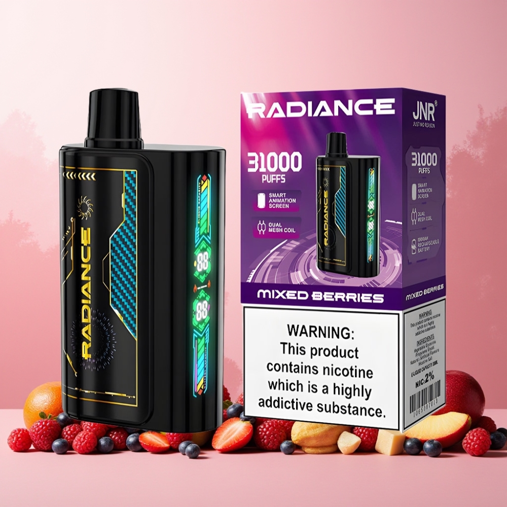 JNR Radiance Norge Engros 31000 Puffs Vape til engangsbruk med Blandede Bær – 28ml E-væske, Smart Animasjon Skjerm, Dobbel Mesh Coil, 950 mAh Oppladbart Batteri