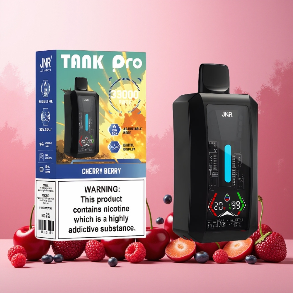 JNR Tank Pro 33000 Puffs Norge Engros – 28ml e-Liquid, Dual Mesh Coil, Type-C Lading, 2 % Nikotin – Kirsebær & Bær