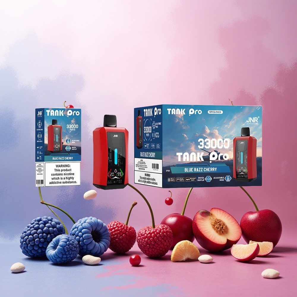 JNR Tank Pro 33000 Puffs Norge Engros Vape til engangsbruk Blå Bringebær med Digital Display, Dual Mesh Coil & Type-C Lading