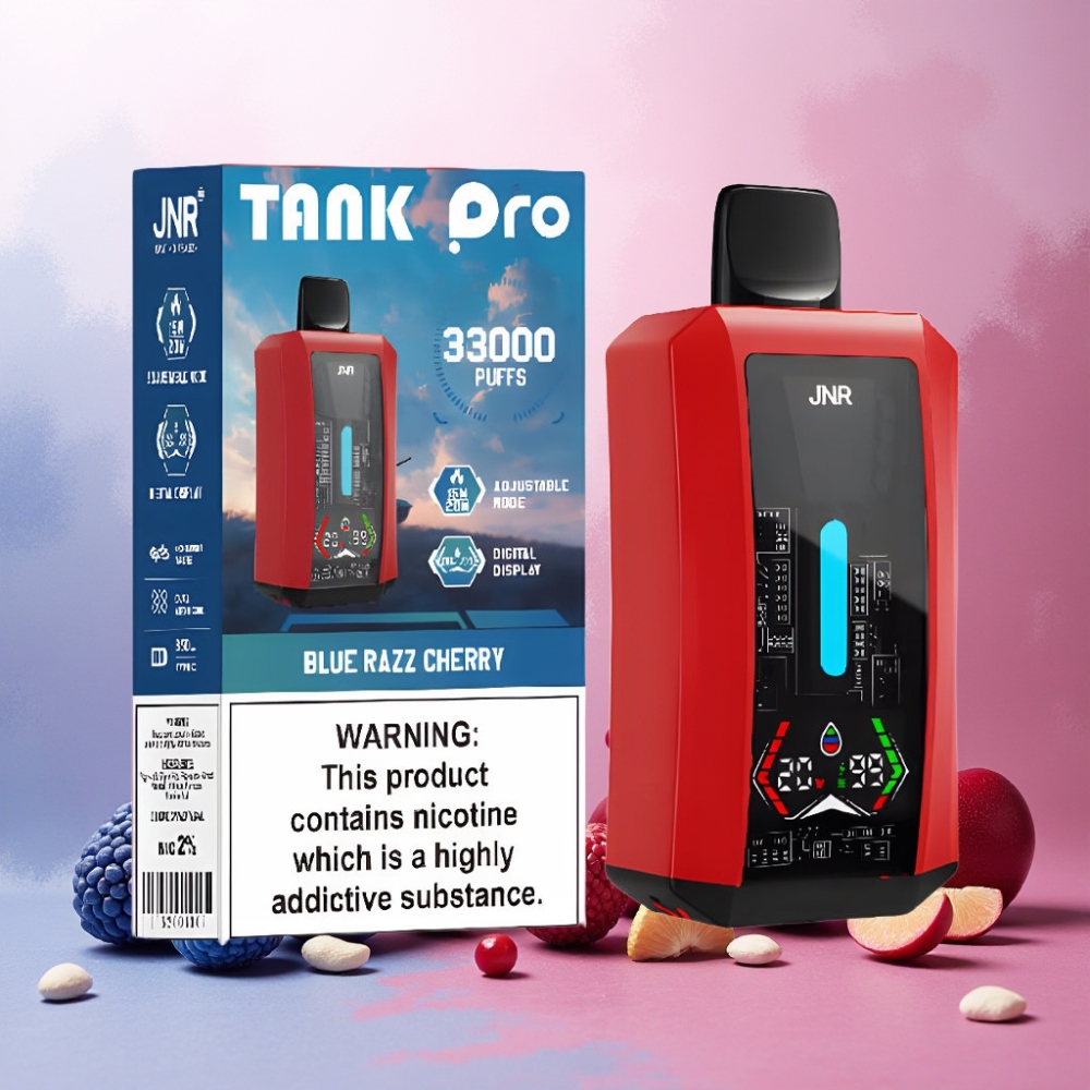 JNR Tank Pro 33000 Puffs Norge Engros Vape til engangsbruk Blå Bringebær med Digital Display, Dual Mesh Coil & Type-C Lading