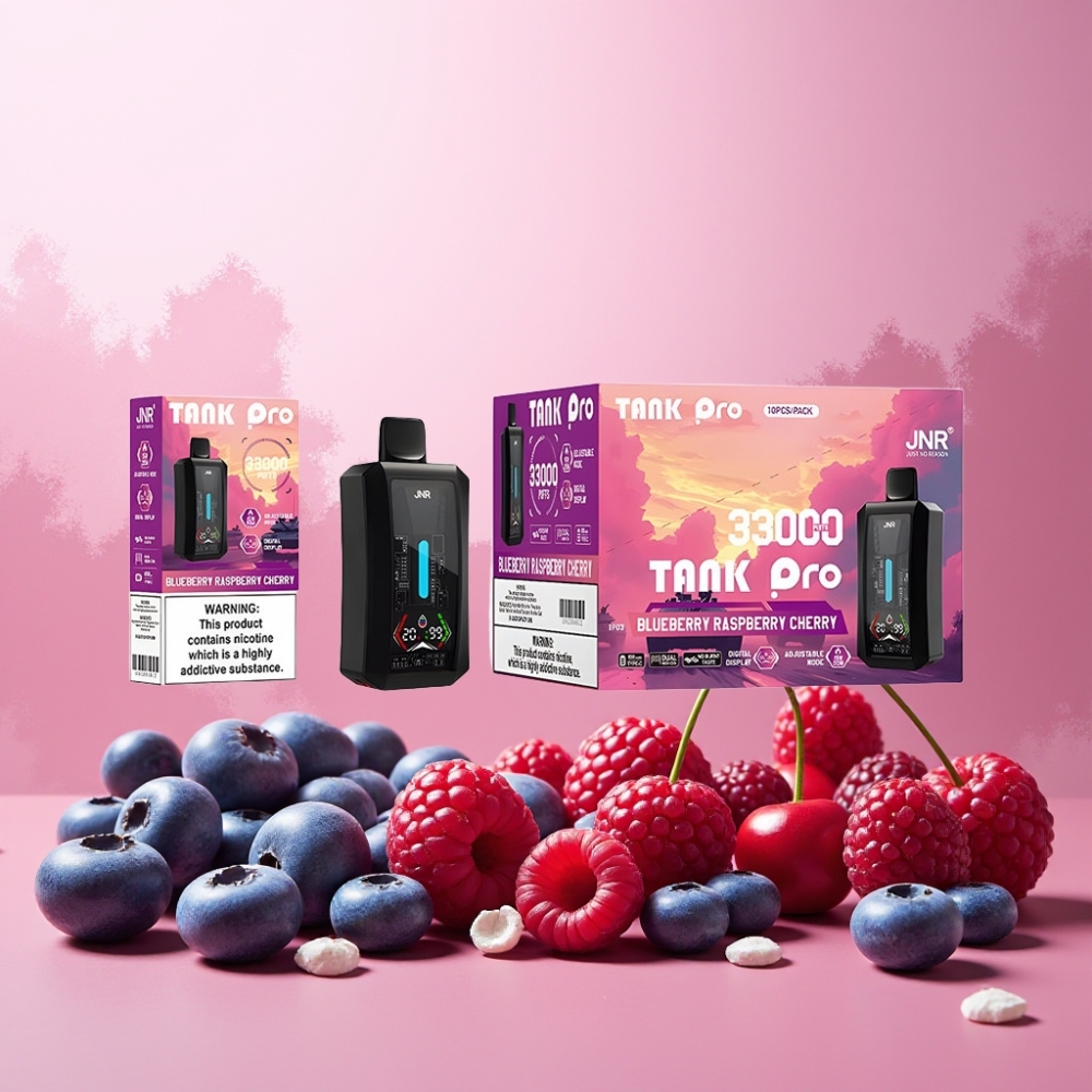 JNR Tank Pro 33000 Puffs Norge Engros Vape til engangsbruk Blåbær Bringebær Kirsebær med Digital Display, Dual Mesh Coil & Type-C Lading