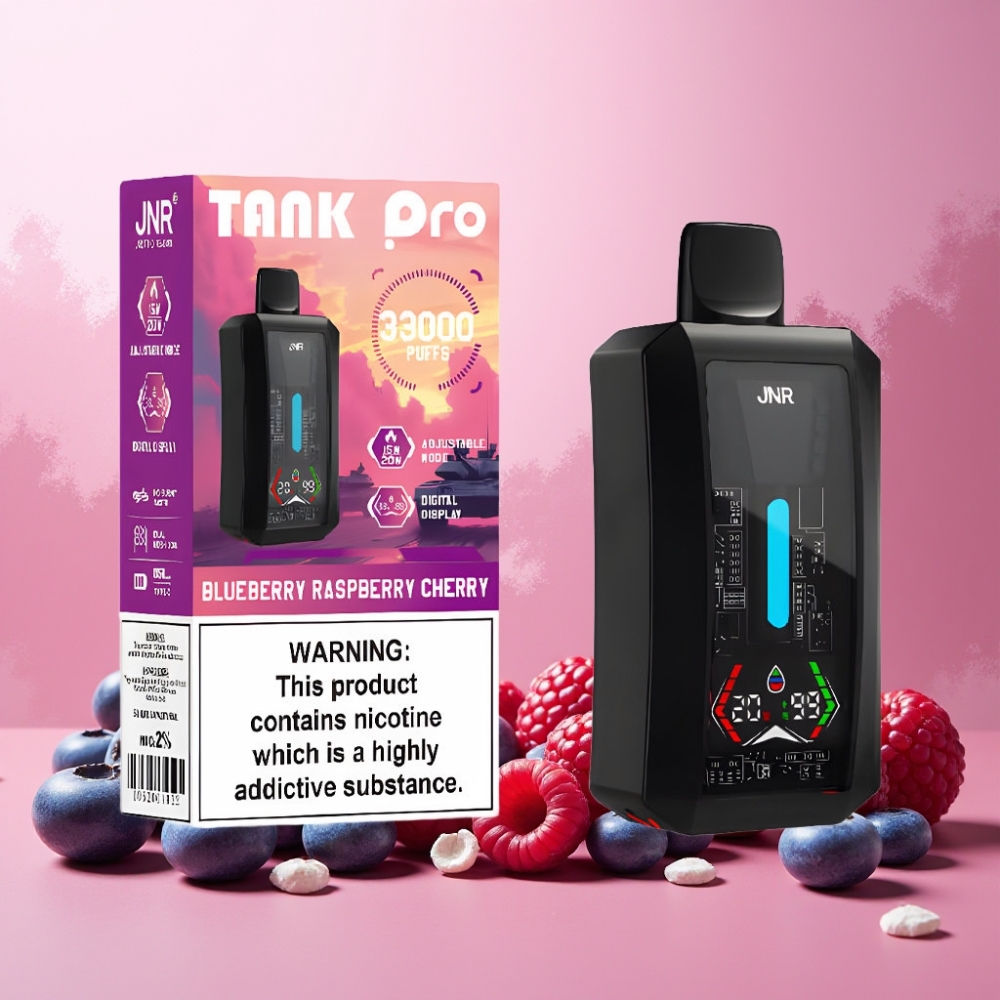 JNR Tank Pro 33000 Puffs Norge Engros Vape til engangsbruk Blåbær Bringebær Kirsebær med Digital Display, Dual Mesh Coil & Type-C Lading